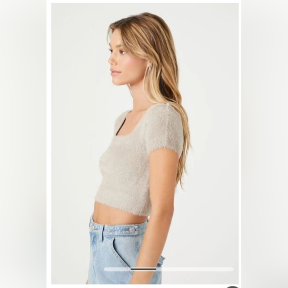 Beige Cropped Fuzzy Sweater Knit Tee, Forever 21 - Picture 4 of 5